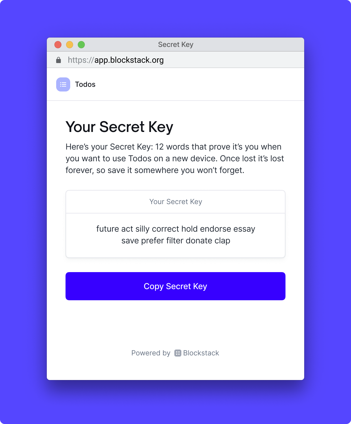 "Copy Secret Key" screen