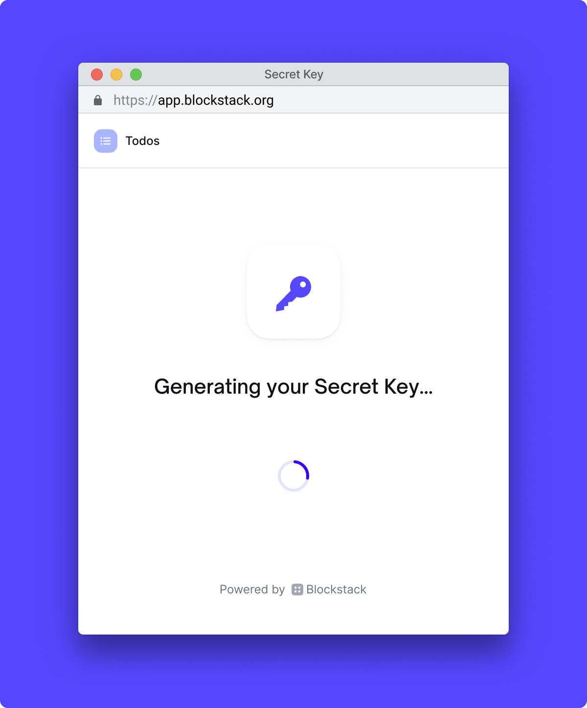 "Secret Key generation" screen